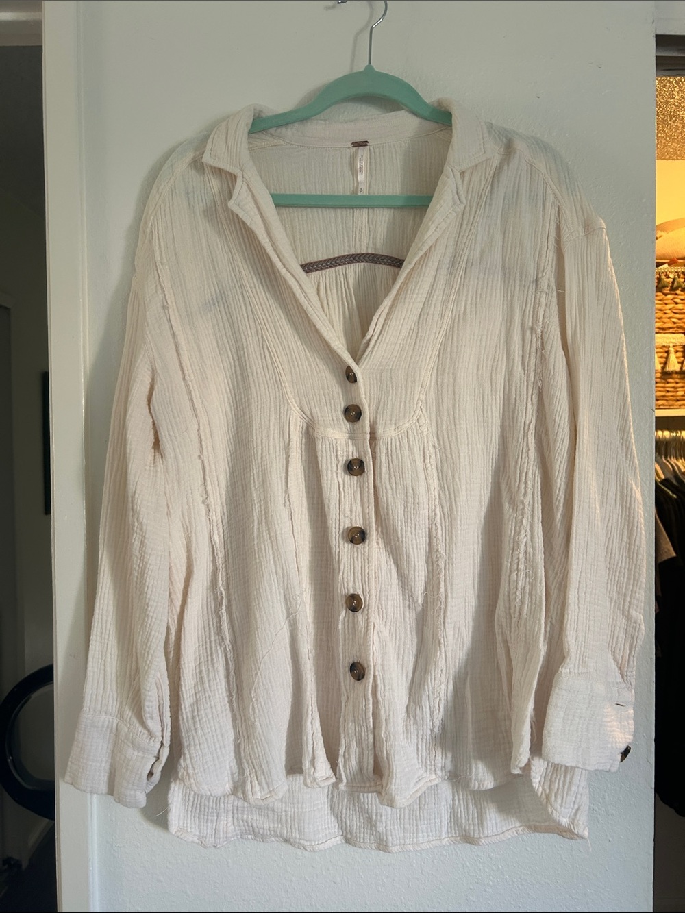 Light Cream Button-Front Women's Gauze Shirt